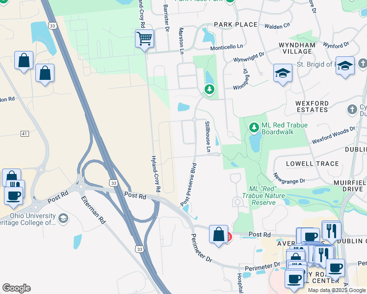 map of restaurants, bars, coffee shops, grocery stores, and more near 7011 Blakemore Lane in Dublin