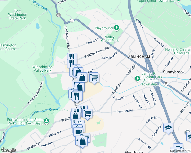 map of restaurants, bars, coffee shops, grocery stores, and more near 2106 Carolton Way in Flourtown