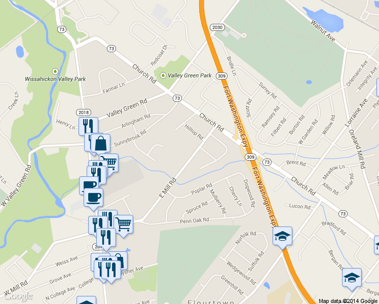 map of restaurants, bars, coffee shops, grocery stores, and more near 501 East Mill Road in Flourtown