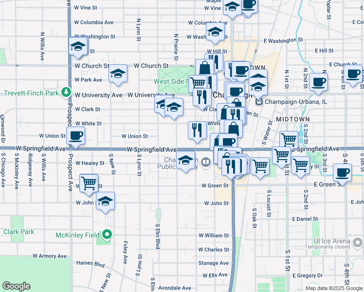 map of restaurants, bars, coffee shops, grocery stores, and more near 310 West Springfield Avenue in Champaign