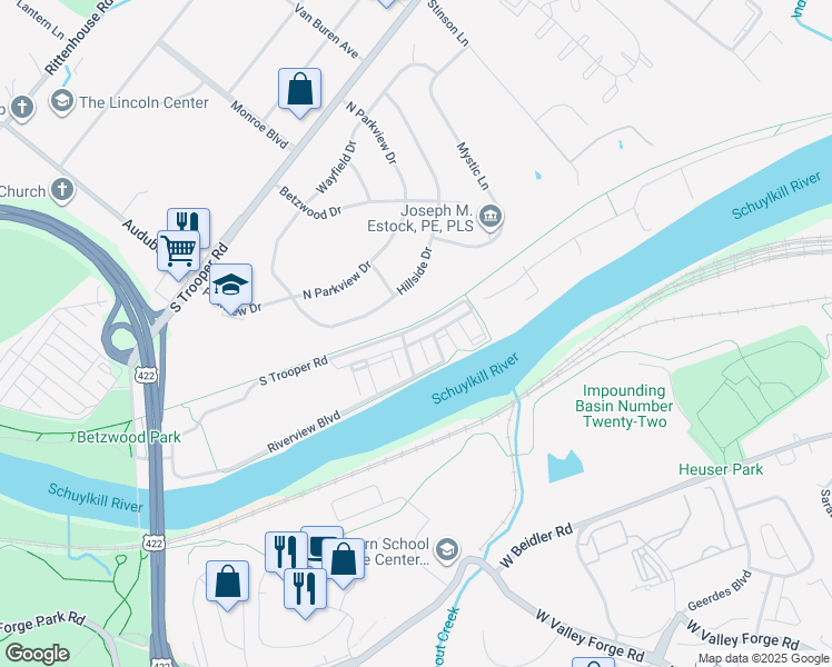 map of restaurants, bars, coffee shops, grocery stores, and more near 7112 Sentinel Ridge in Norristown