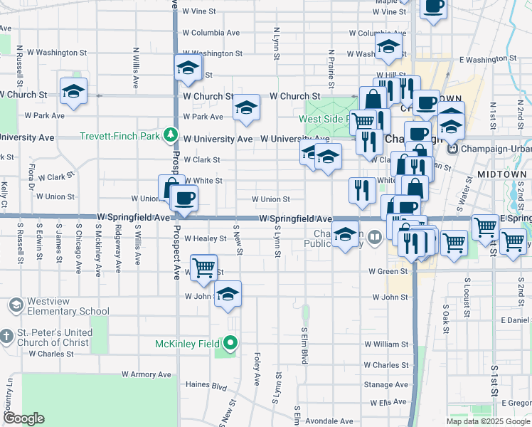 map of restaurants, bars, coffee shops, grocery stores, and more near 606 West Springfield Avenue in Champaign