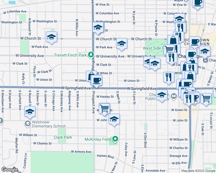 map of restaurants, bars, coffee shops, grocery stores, and more near 802 West Springfield Avenue in Champaign