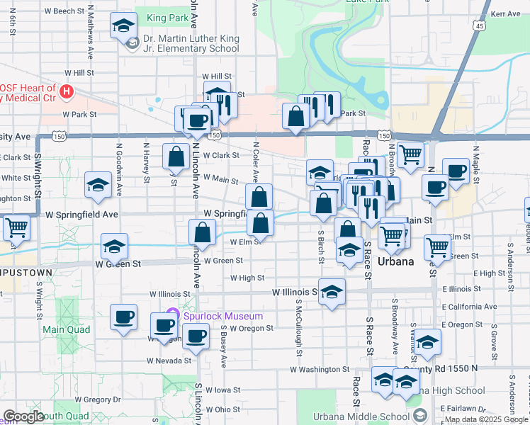 map of restaurants, bars, coffee shops, grocery stores, and more near 607 Stoughton Street in Urbana