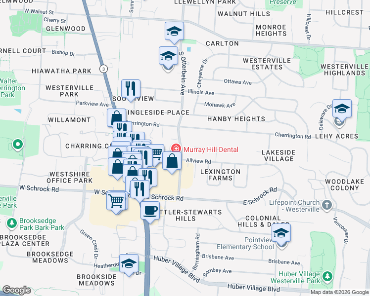 map of restaurants, bars, coffee shops, grocery stores, and more near 490 South Otterbein Avenue in Westerville