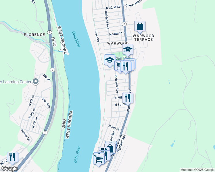 map of restaurants, bars, coffee shops, grocery stores, and more near 142 North 11th Street in Wheeling