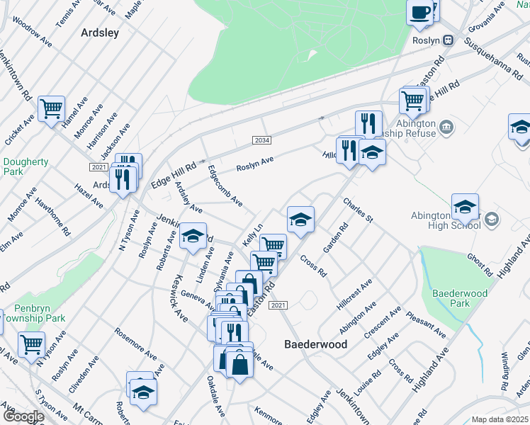 map of restaurants, bars, coffee shops, grocery stores, and more near 632 Kelly Lane in Glenside