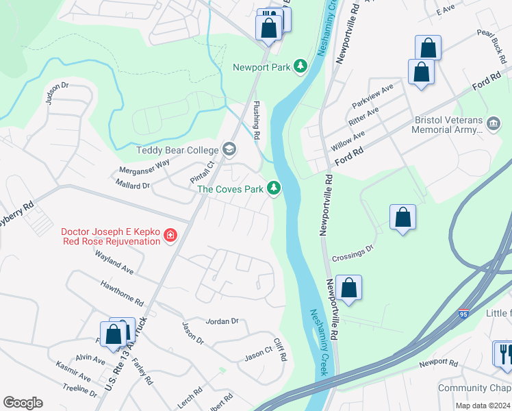 map of restaurants, bars, coffee shops, grocery stores, and more near 5204 Windward Lane in Bensalem