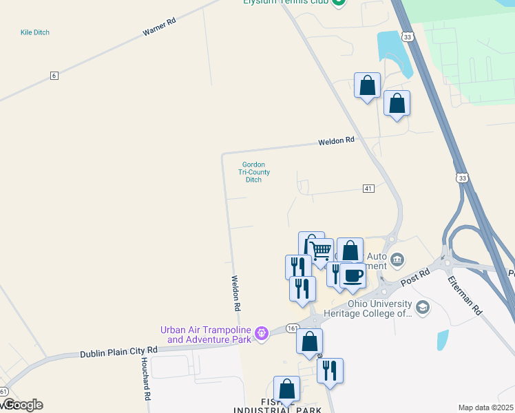 map of restaurants, bars, coffee shops, grocery stores, and more near 6984 Weldon Road in Plain City
