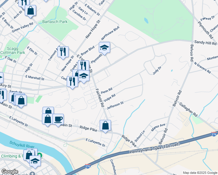 map of restaurants, bars, coffee shops, grocery stores, and more near 423 Penn Road in Plymouth Meeting