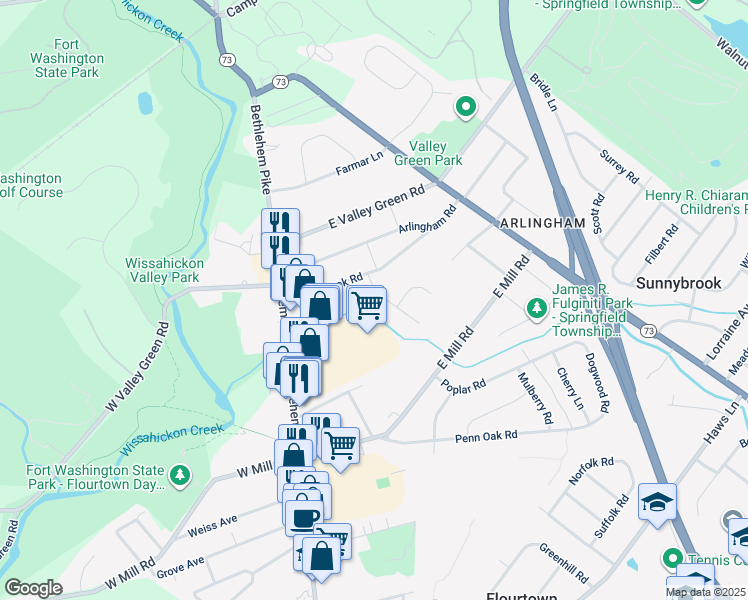 map of restaurants, bars, coffee shops, grocery stores, and more near 2106 Carolton Way in Flourtown