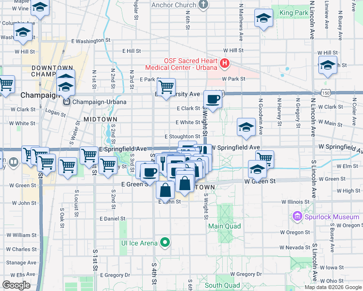 map of restaurants, bars, coffee shops, grocery stores, and more near in Champaign
