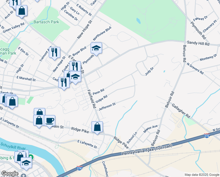 map of restaurants, bars, coffee shops, grocery stores, and more near 428 Penn Road in Plymouth Meeting