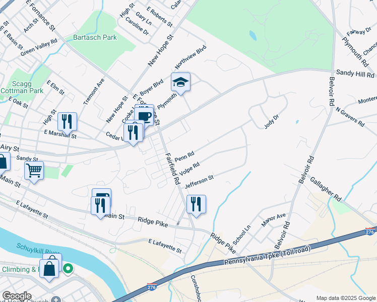 map of restaurants, bars, coffee shops, grocery stores, and more near 423 Penn Road in Plymouth Meeting