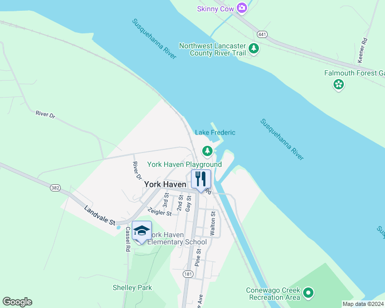map of restaurants, bars, coffee shops, grocery stores, and more near Landvale St & North Front Street in York Haven
