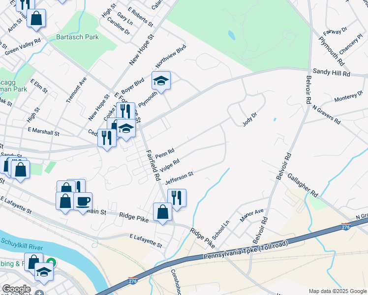 map of restaurants, bars, coffee shops, grocery stores, and more near 428 Penn Road in Plymouth Meeting