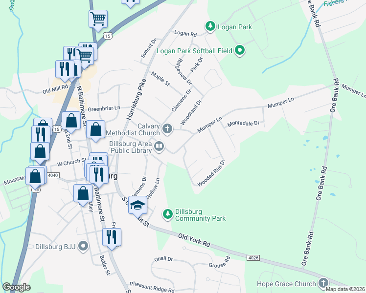 map of restaurants, bars, coffee shops, grocery stores, and more near 241 Mumper Lane in Dillsburg