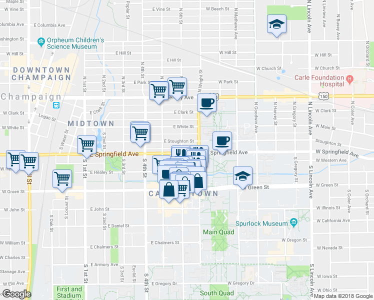 map of restaurants, bars, coffee shops, grocery stores, and more near 604 East Springfield Avenue in Champaign
