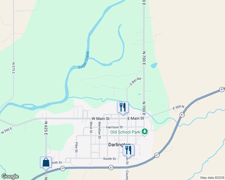 map of restaurants, bars, coffee shops, grocery stores, and more near 6763 Bayou Drive in Darlington