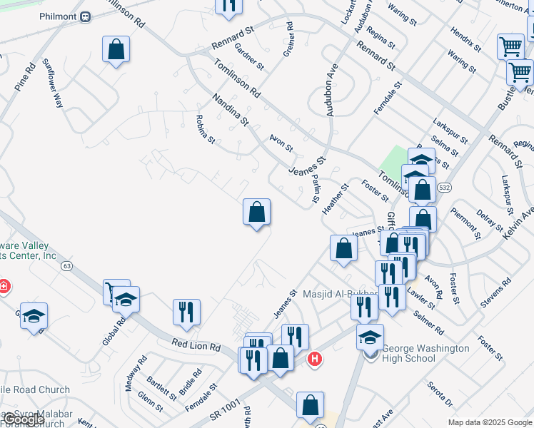 map of restaurants, bars, coffee shops, grocery stores, and more near 10061 Sandmeyer Lane in Philadelphia