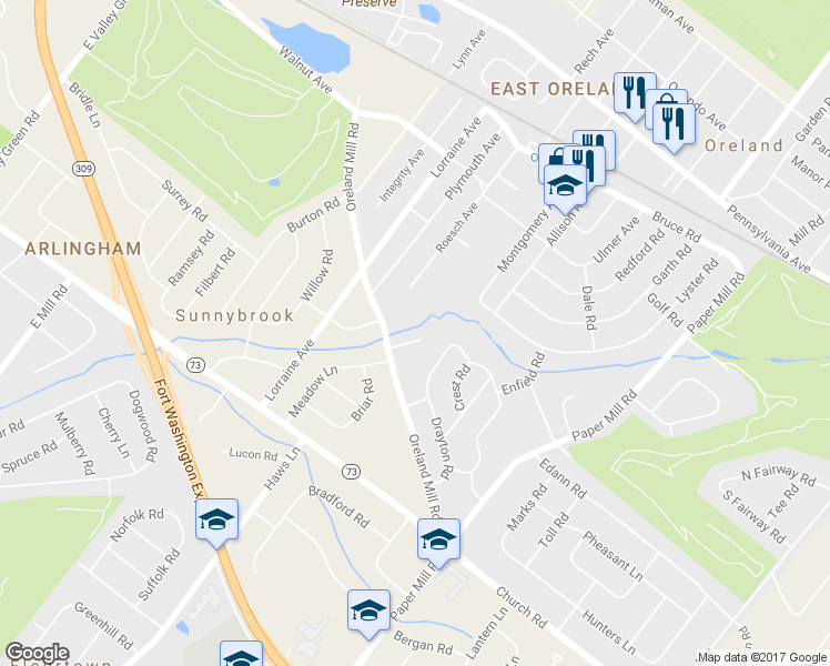 map of restaurants, bars, coffee shops, grocery stores, and more near 403 Meadow Lane in Oreland