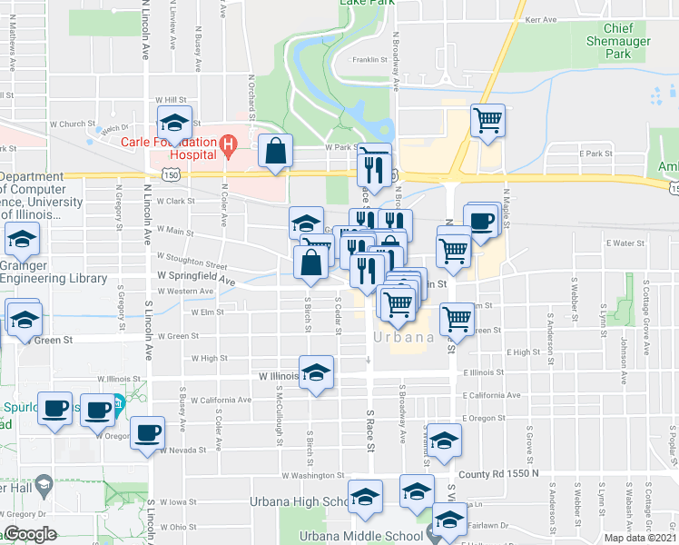 map of restaurants, bars, coffee shops, grocery stores, and more near 300 West Main Street in Urbana