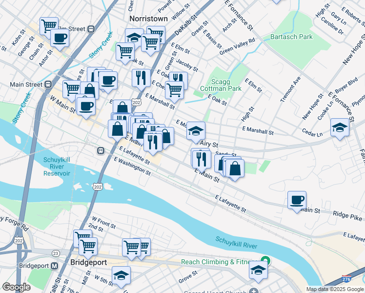 map of restaurants, bars, coffee shops, grocery stores, and more near 353 East Penn Street in Norristown