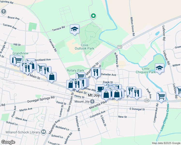 map of restaurants, bars, coffee shops, grocery stores, and more near 174 Pennsylvania 772 in Mount Joy