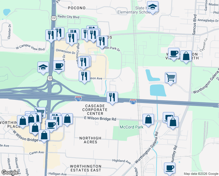 map of restaurants, bars, coffee shops, grocery stores, and more near 7194 Nevis Drive in Columbus