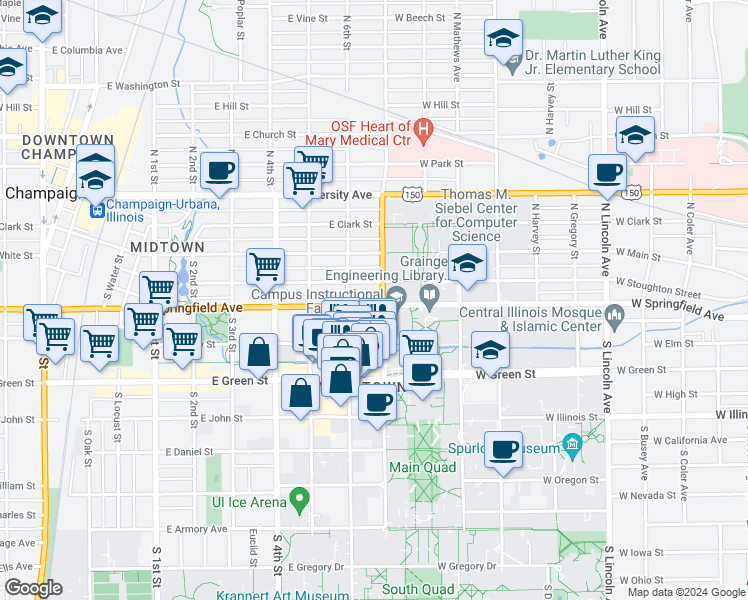 map of restaurants, bars, coffee shops, grocery stores, and more near 604 East Springfield Avenue in Champaign