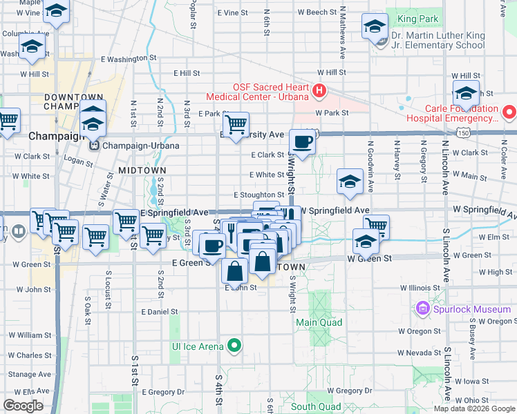 map of restaurants, bars, coffee shops, grocery stores, and more near in Champaign