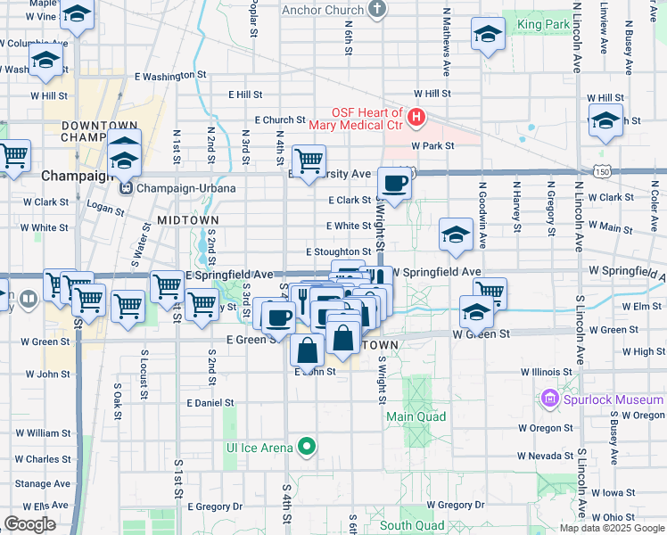 map of restaurants, bars, coffee shops, grocery stores, and more near in Champaign