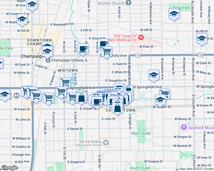 map of restaurants, bars, coffee shops, grocery stores, and more near 408 U.S. 45 in Champaign