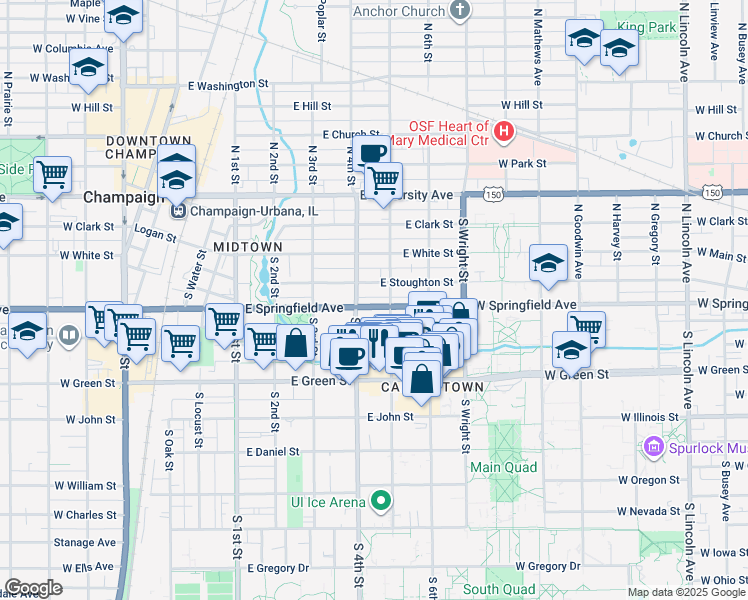 map of restaurants, bars, coffee shops, grocery stores, and more near 408 U.S. 45 in Champaign