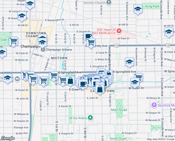 map of restaurants, bars, coffee shops, grocery stores, and more near 408 U.S. 45 in Champaign