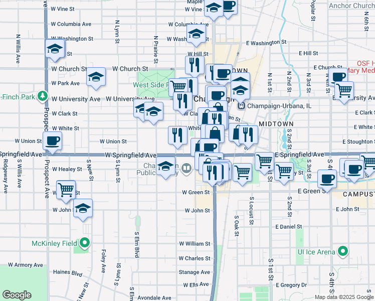map of restaurants, bars, coffee shops, grocery stores, and more near 316 South State Street in Champaign