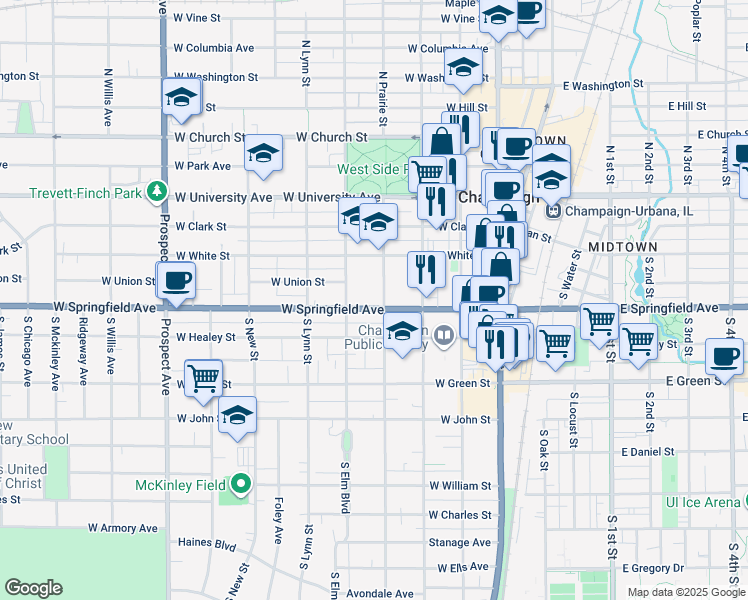 map of restaurants, bars, coffee shops, grocery stores, and more near 408 West Springfield Avenue in Champaign