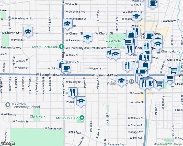 map of restaurants, bars, coffee shops, grocery stores, and more near 606 West Springfield Avenue in Champaign