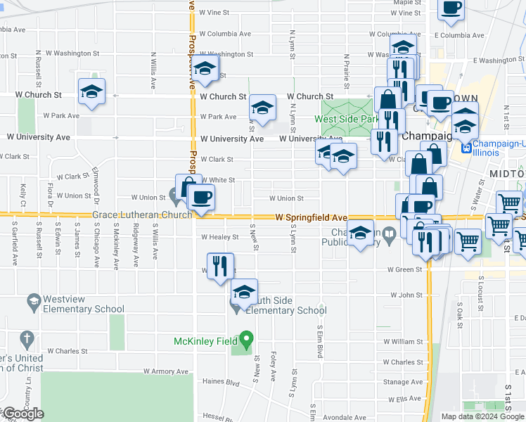 map of restaurants, bars, coffee shops, grocery stores, and more near 618 West Springfield Avenue in Champaign