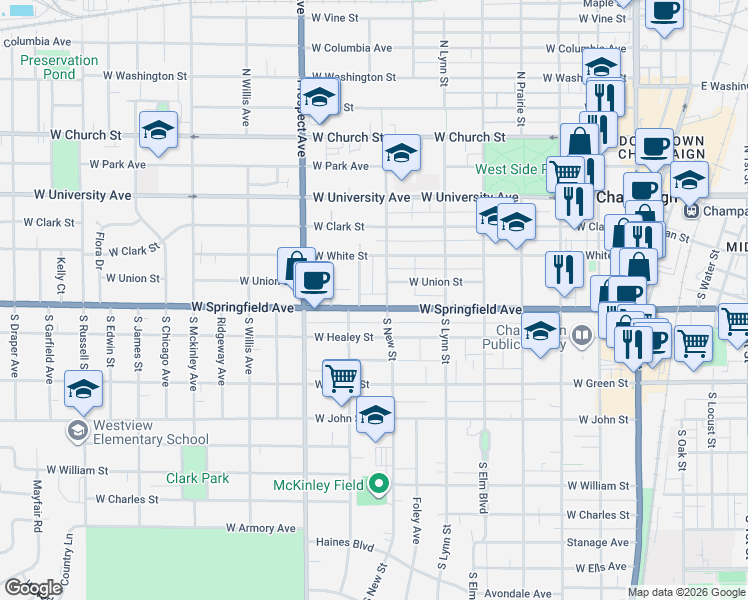map of restaurants, bars, coffee shops, grocery stores, and more near 802 West Springfield Avenue in Champaign