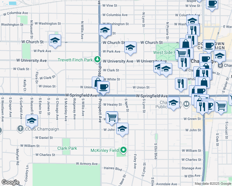map of restaurants, bars, coffee shops, grocery stores, and more near 802 West Springfield Avenue in Champaign