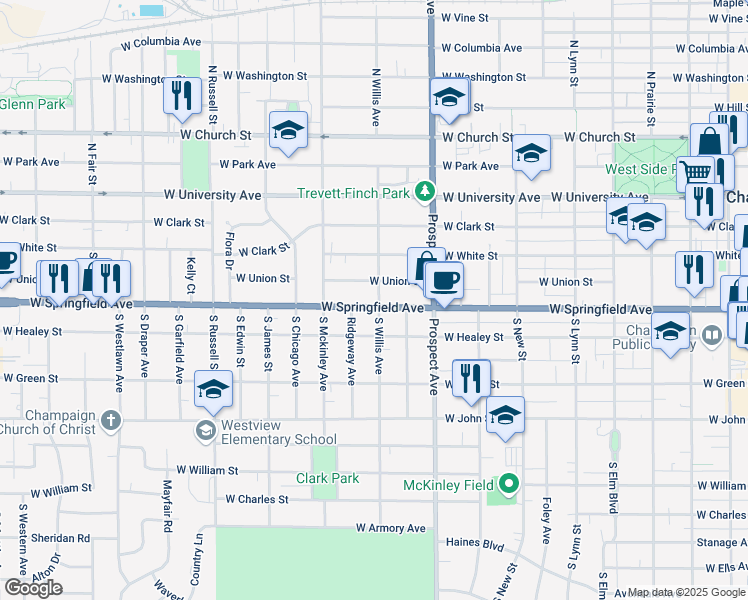 map of restaurants, bars, coffee shops, grocery stores, and more near 918 West Springfield Avenue in Champaign