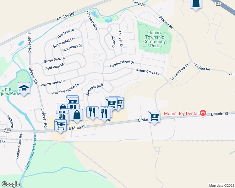 map of restaurants, bars, coffee shops, grocery stores, and more near 121 Lancaster Estates in Mount Joy