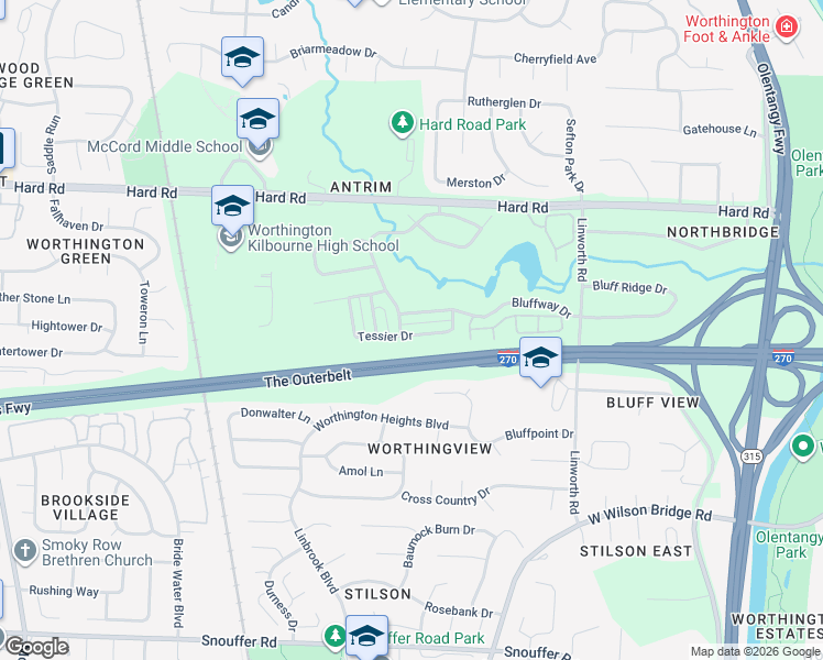map of restaurants, bars, coffee shops, grocery stores, and more near 1208 Tessier Drive in Columbus