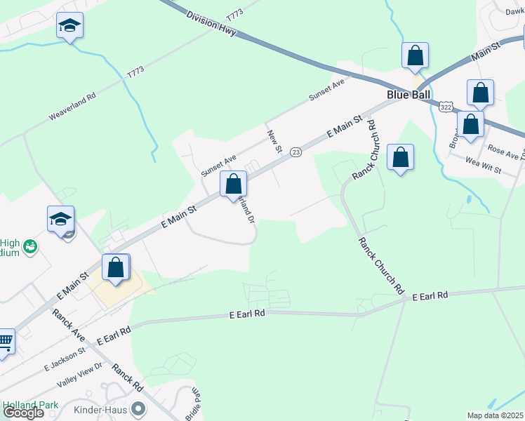map of restaurants, bars, coffee shops, grocery stores, and more near 250 Earland Drive in New Holland