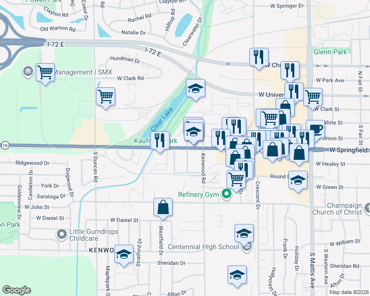 map of restaurants, bars, coffee shops, grocery stores, and more near 2503 West Springfield Avenue in Champaign