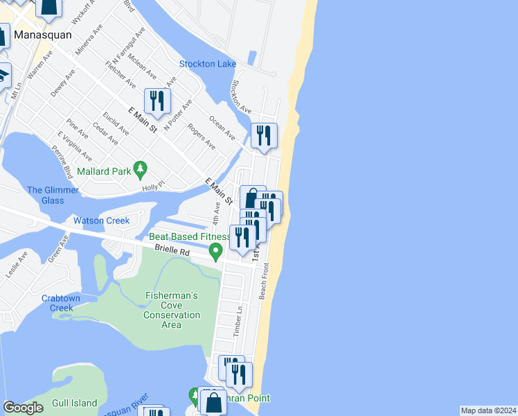 map of restaurants, bars, coffee shops, grocery stores, and more near 167 1st Avenue in Manasquan