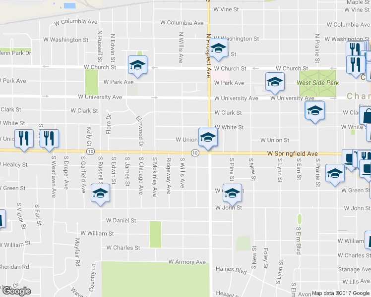 map of restaurants, bars, coffee shops, grocery stores, and more near 918 West Springfield Avenue in Champaign