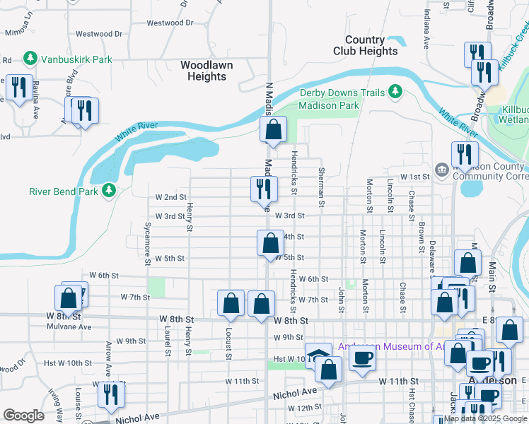 map of restaurants, bars, coffee shops, grocery stores, and more near 1000 West 3rd Street in Anderson