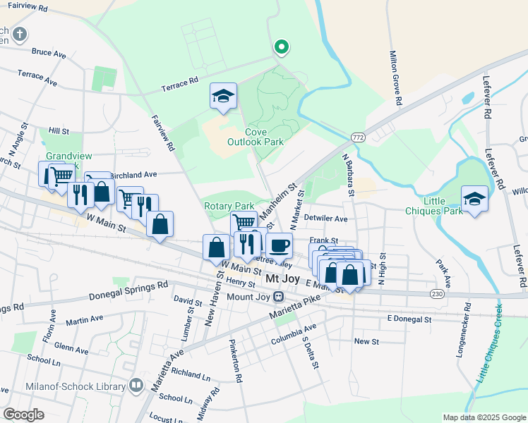 map of restaurants, bars, coffee shops, grocery stores, and more near 174 Pennsylvania 772 in Mount Joy